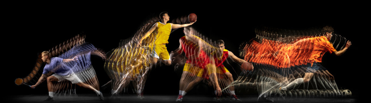 Collage of images of professional basketball and tennis player in motion isolated on dark background with stroboscoper effect.