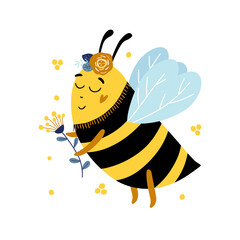 Honey bee vector illustration isolated on white background. Childish character, vector hand drawn illustration.
