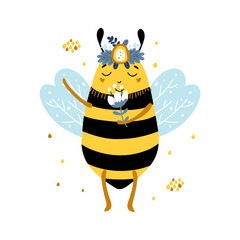 Modern illustration with honey bee. Vector illustration.
