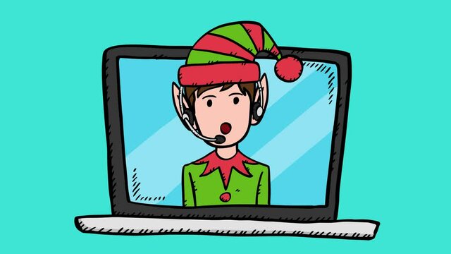 Cartoon style video animation of elf customer support help desk. Man dress in elf costume with head phones help desk. Video is in easy to edit loop.