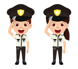 Happy cute beautiful kid boy and girl police character standing and posing isolated