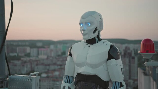 AI innovative robot humanoid on rooftop skyscraper. Cyborg in future city. Futuristic robotic science. Innovative technology.