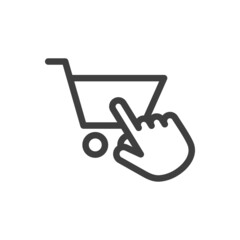Logotipo con silueta de carrito de la compra con mano como cursor con lineas en color gris - obrazy, fototapety, plakaty