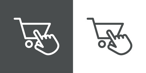 Logotipo con silueta de carrito de la compra con mano como cursor con lineas en fondo gris y fondo banco