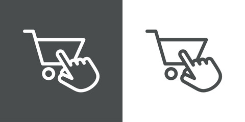 Logotipo con silueta de carrito de la compra con mano como cursor con lineas en fondo gris y fondo banco © teracreonte