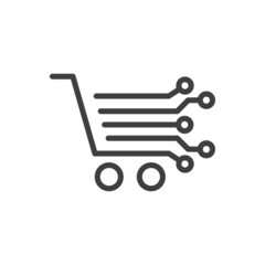 Logotipo con silueta de carrito de la compra con circuito digital con lineas con círculos en color gris © teracreonte