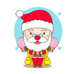 Cute Santa Claus with backpack and candy Chibi character illustration