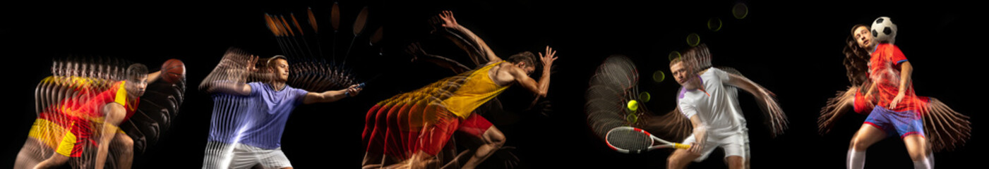 Collage of images of professional basketball and tennis player in motion isolated on dark...