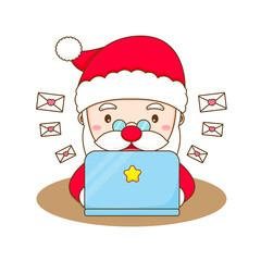 Cute Santa Claus working on laptop Chibi character illustration