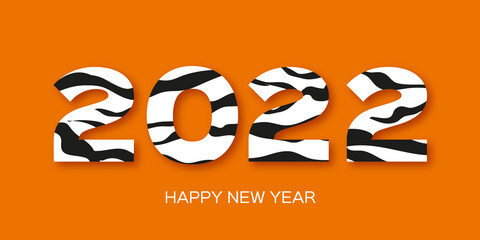 Tiger Fur. Happy Chinese New Year Greeting Card 2022. Wild Animal Holidays cartoon paper cut style. Happy New Year. Big cat. Space for text. White Orange Black.