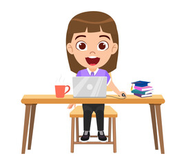 Happy cute kid girl character sitting on wooden desk studying with laptop and books and with coffee isolated