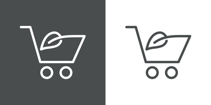 Logotipo con silueta de carrito de la compra con hoja de planta con lineas en fondo gris y fondo banco