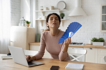 Tired millennial woman work on laptop at home office wave with hand fan suffer from heatstroke...