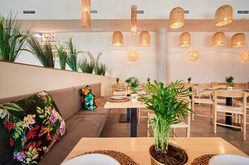 empty rustic design restaurant with wooden furniture