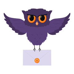 A flying owl holds an envelope, a letter
