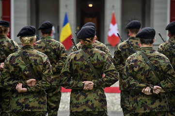 Swiss army soldiers representing the guard of honor are seen during a welcome ceremony in Bern