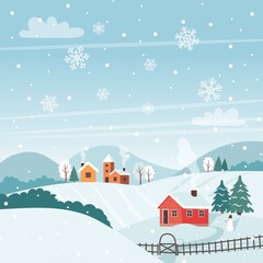 Winter landscape with trees, fields, houses. Seasonal countryside landscape. Vector illustration in flat style
