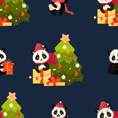 Seamless patterns with Christmas bear. Cute panda with gift and Christmas tree in Santa hat on dark blue background. Vector illustration. For the New Year, decor and design, packaging