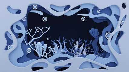 Deep sea underwater world cartoon style background papercut and art craft style.3d illustraton and render. 