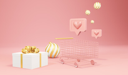 A shopping cart and gift boxes on a pink background. 3d rendering