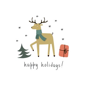 happy holidays. Cartoon deer, hand drawing lettering. holiday theme. Colorful vector illustration, flat style. design for greeting cards, print, poster