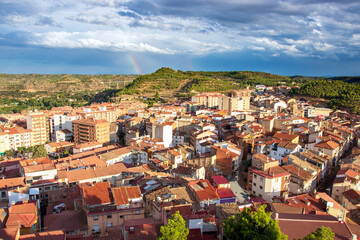 Late afternoon view over the Spanish meseta and the town of Alcañiz (Teruel, Aragon), 