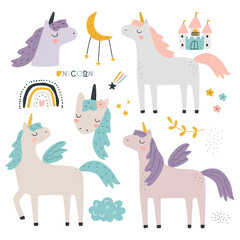 A set with cute unicorns and decorative elements. Vector illustration for printing on a postcard, fabric, packaging paper. Cute children's background.