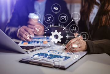 Business team partnership meeting concept. Business hand using laptop, tablet and smartphone  in office. Digital marketing media mobile app in virtual icon screen