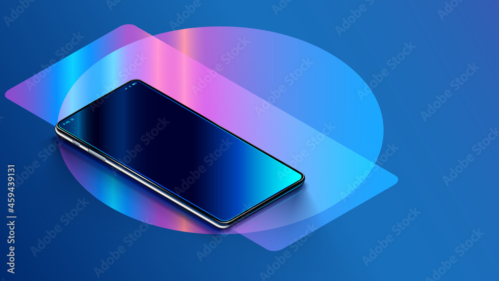 Poster Phone with empty screen is on the table or reflection surface. Smartphone lies on desktop. 3d Isometric realistic illustration of phone with neon shapes on background. Mock up cellphone rotated angle