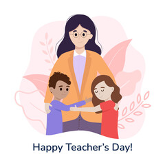 World teacher's day poster concept. Pretty young woman hugs with kids boy and girl together, happy teacher day, floral abstract background. International world holiday. Creative vector illustration