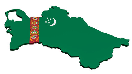 3D model of a map of Turkmenistan in the colors of the national flag on a white background. Isolated. Layout. Rendering