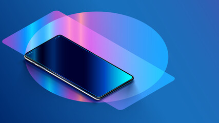 Phone with empty screen is on the table or reflection surface. Smartphone lies on desktop. 3d Isometric realistic illustration of phone with neon shapes on background. Mock up cellphone rotated angle