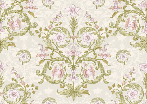 Seamless pattern, background. Colored vector illustration. In baroque, rococo, victorian, renaissance medieval style. In decorative style. Ethnic patterned ornate hand drawn.