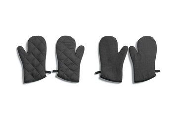 Blank black oven mitt mockup pair front and back, isolated