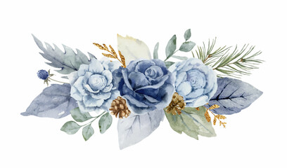 A watercolor vector winter bouquet with dusty blue flowers and branches. - 459439511