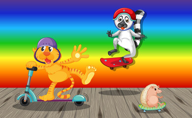 Naklejka premium Funny animals doing different activities on rainbow gradient background
