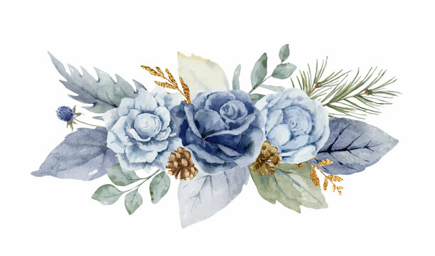 A watercolor vector winter bouquet with dusty blue flowers and branches.
