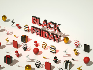 Black friday isometric 3d render with neon letters and shopping elements.