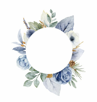 A watercolor vector winter frame with dusty blue flowers and branches.