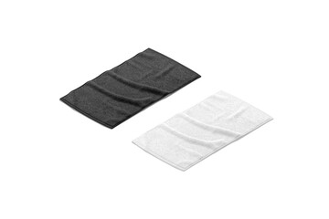 Naklejka premium Blaank black and white crumpled small towel mockup, side view
