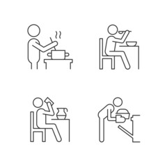 Cooking rotine linear icons set. Meal preparation at home. Commonplace day-to-day human life. Customizable thin line contour symbols. Isolated vector outline illustrations. Editable stroke