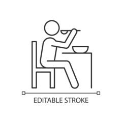 Eat linear icon. Man having dinner. Food preparation. Cooking at home. Healthy eating habits. Thin line customizable illustration. Contour symbol. Vector isolated outline drawing. Editable stroke