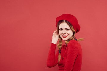 Fototapeta premium pretty woman with pigtails fun Red lips luxury studio posing