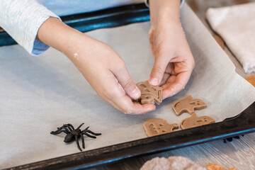 Preparing to celebrate halloween and preparing a treat. Children's hands lay raw halloween cookies on a baking sheet. Lifestyle