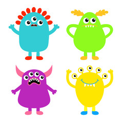 Happy Halloween. Monster icon set. Kawaii cute cartoon baby character. Funny face head body colorful silhouette. Hands up, horn, eyes fang teeth tongue. Flat design. White background.