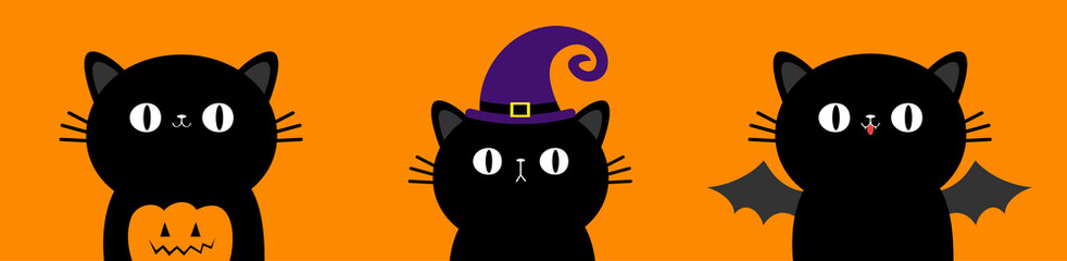 Happy Halloween. Black cat kitten head face set. Line banner. Bat wing. Witch hat. Pumpkin. Cute cartoon kawaii character. Pet baby collection. Greeting card. Flat design. Orange background. Isolated.