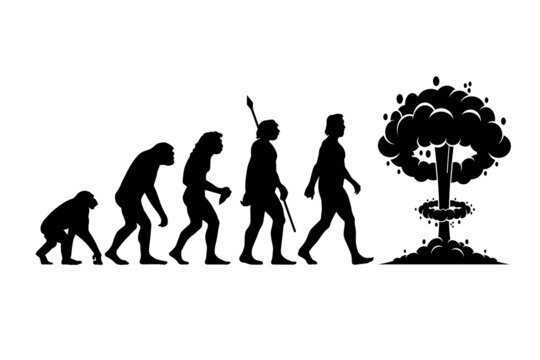 Theory of evolution of man silhouette from ape to nuclear explosion. Vector illustration
