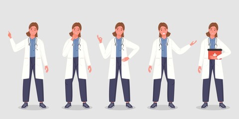 Male doctor set in different pose. Group of medical professional workers in sanitary uniform. Man physician character standing in line. Vector illustration