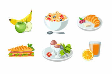 Classic hotel breakfast set with corn flakes, orange juice, sandwich and croissant. Menu poster with boiled eggs, fruit and berries. Brunch healthy start day options food. Vector illustration.