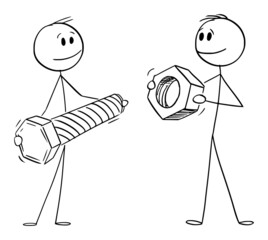 Persons or Businessmen Holding Bolt and Nut, Cooperation and Problem Solving , Vector Cartoon Stick Figure Illustration
